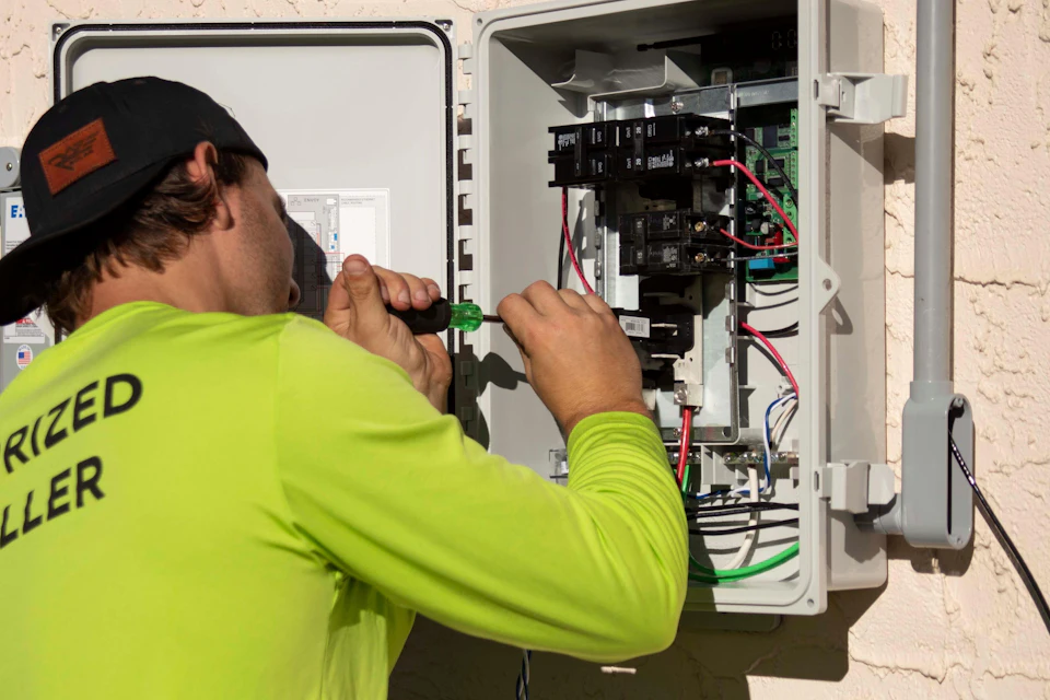 Electrician working inside an open electrical service panel