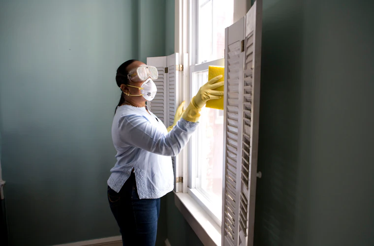 Cleaner wiping down window shutters during a post-renovation clean